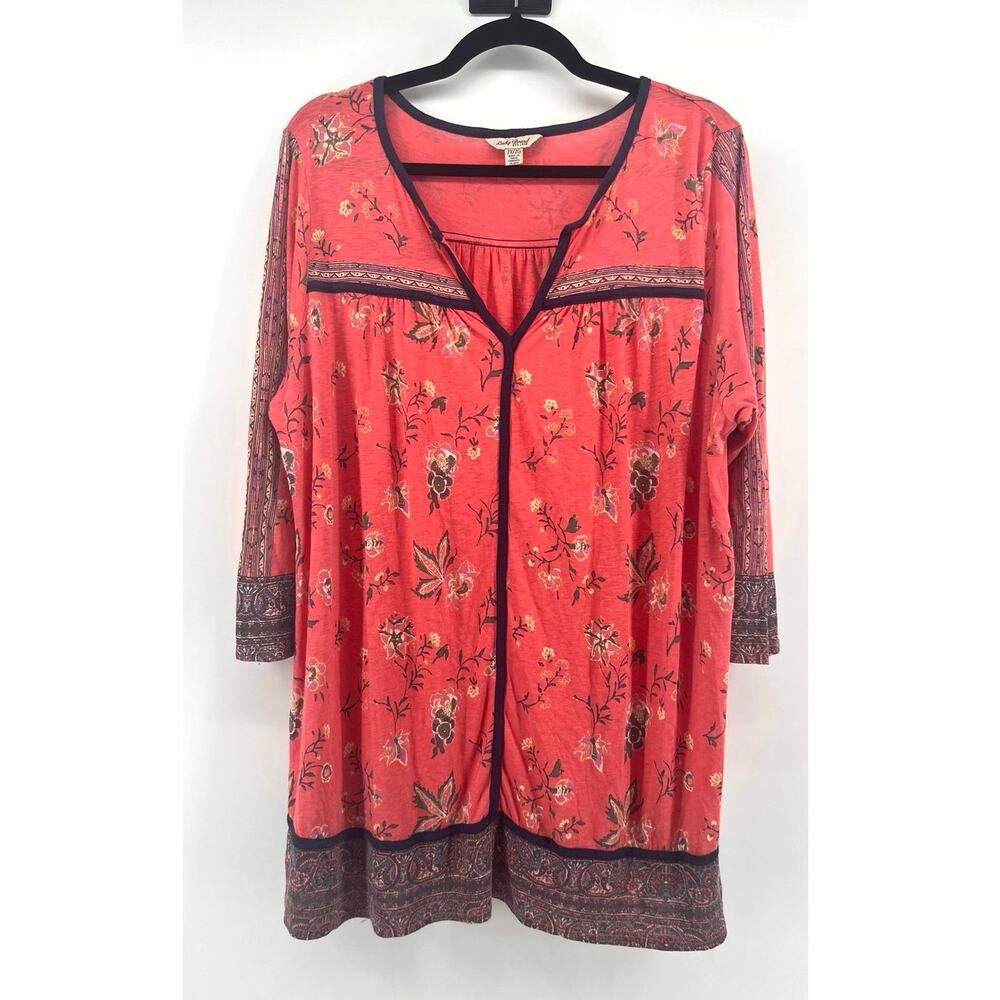 Lucky Brand | Floral Print Tunic Top Pink Navy Boho Peasant Size 2X
